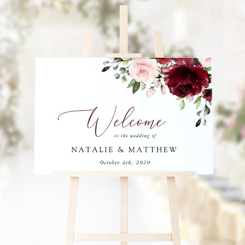 Burgundy Flowers Pink Flowers Wedding Welcome Foam Board