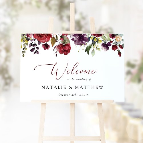 Burgundy Flowers Pink Flowers Wedding Welcome Foam Board