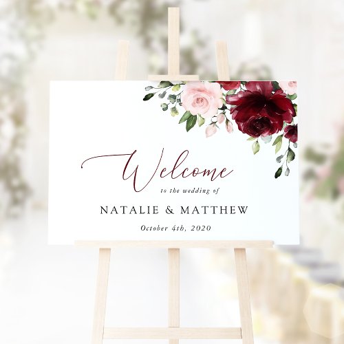 Burgundy Flowers Pink Flowers Wedding Welcome Poster
