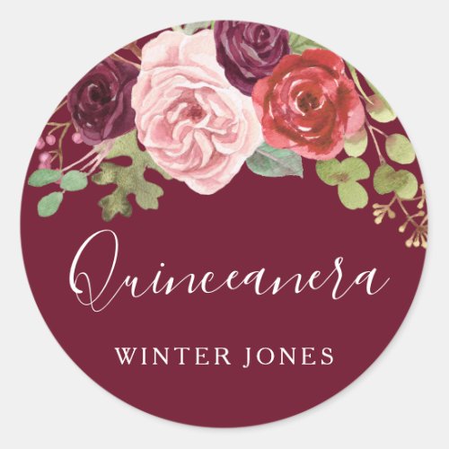 Burgundy Flowers Quinceanera Party Favor Seal