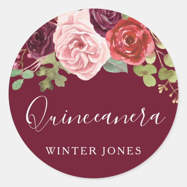 Burgundy Flowers Quinceanera Party Favor Seal (Front)