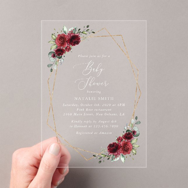 Burgundy Flowers, Red Flowers, Baby Shower Acrylic Invitations (Insitu (Handheld))