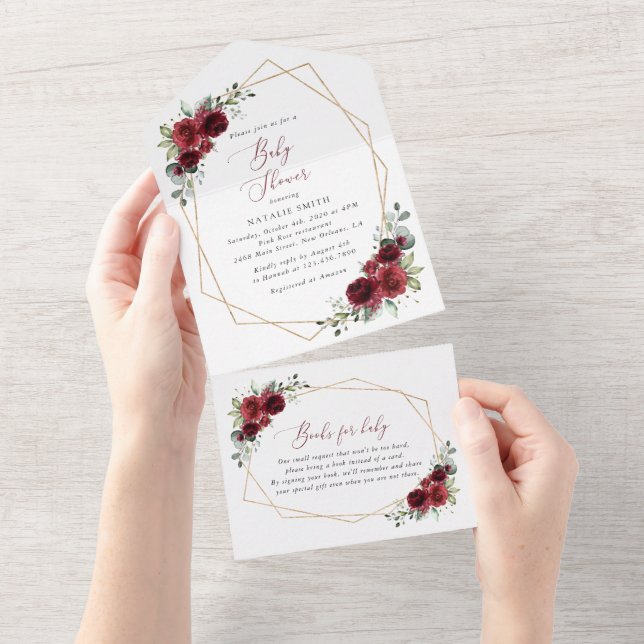 Burgundy Flowers, Red Flowers, Baby Shower All In One Invitation (Tearaway)