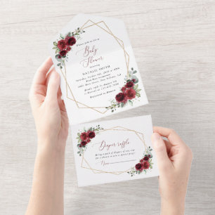 Burgundy Flowers, Red Flowers, Baby Shower All In One Invitation