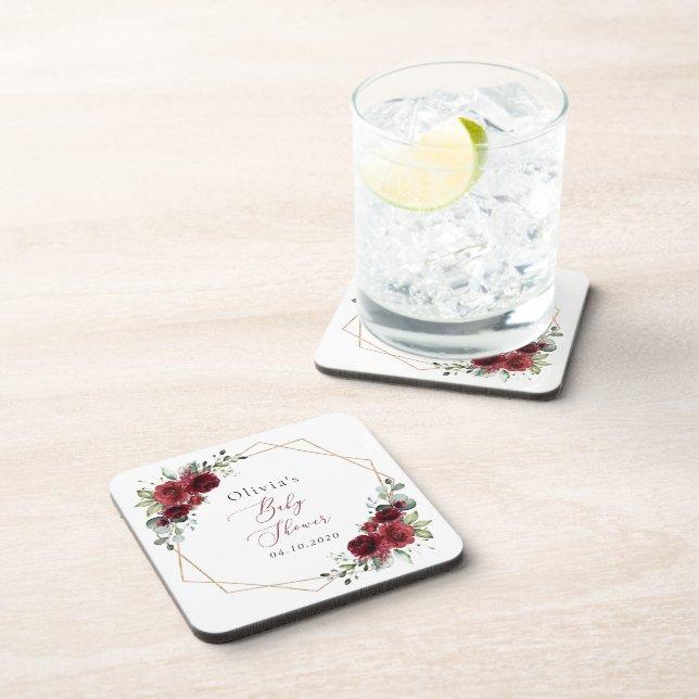 Burgundy Flowers, Red Flowers, Baby Shower Beverage Coaster (Right Side)