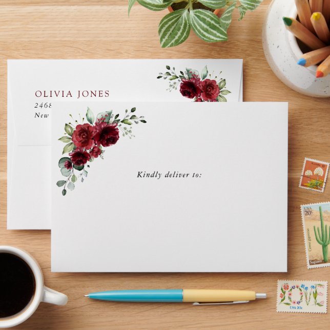 Burgundy Flowers, Red Flowers, Baby Shower Envelope (Desk)