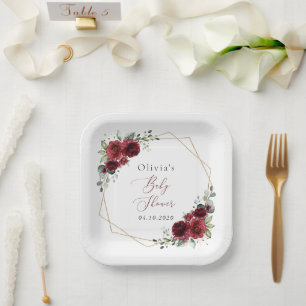 Burgundy Flowers, Red Flowers, Baby Shower Paper Plates