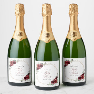 Burgundy Flowers, Red Flowers, Baby Shower Sparkling Wine Label
