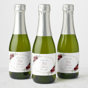 Burgundy Flowers, Red Flowers, Baby Shower Sparkling Wine Label