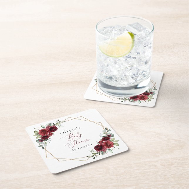 Burgundy Flowers, Red Flowers, Baby Shower Square Paper Coaster (Insitu)
