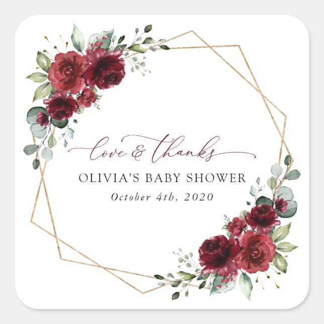 Burgundy Flowers, Red Flowers, Baby Shower Square Sticker (Front)