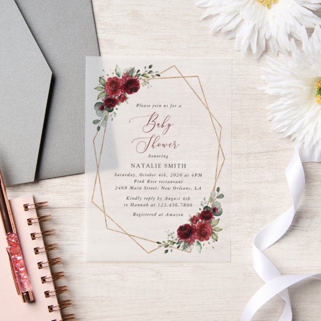 Burgundy Flowers, Red Flowers, Baby Shower Vellum Invitations (Wedding)
