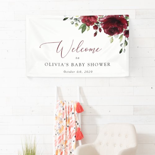 Burgundy Flowers Red Flowers Baby Shower Welcome Banner