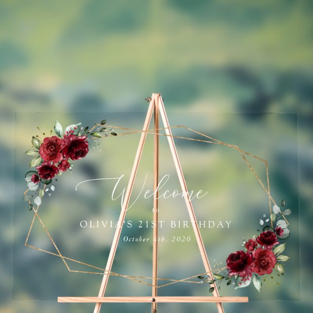 Burgundy Flowers, Red Flowers, Birthday Welcome Acrylic Sign (Neutral)