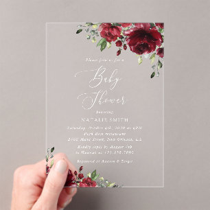 Burgundy Flowers, Red Flowers, Boho, Baby Shower Acrylic Invitations