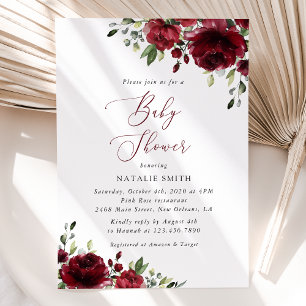 Burgundy Flowers, Red Flowers, Boho, Baby Shower Invitation