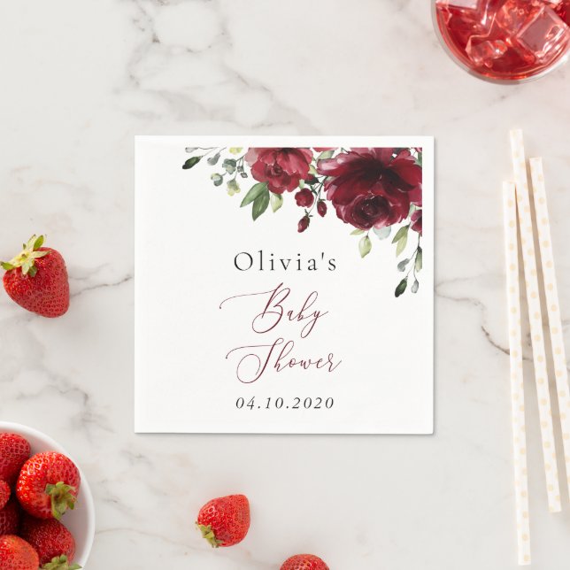 Burgundy Flowers, Red Flowers, Boho, Baby Shower Napkins (Insitu)