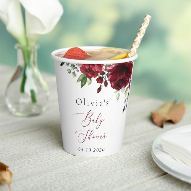 Burgundy Flowers, Red Flowers, Boho, Baby Shower Paper Cups (Insitu)