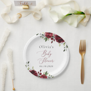 Burgundy Flowers, Red Flowers, Boho, Baby Shower Paper Plates