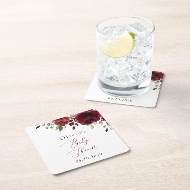 Burgundy Flowers, Red Flowers, Boho, Baby Shower Square Paper Coaster (Insitu)