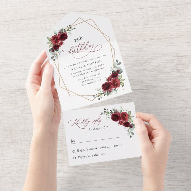 Burgundy Flowers, Red Flowers, Boho, Birthday All In One Invitation (Tearaway)