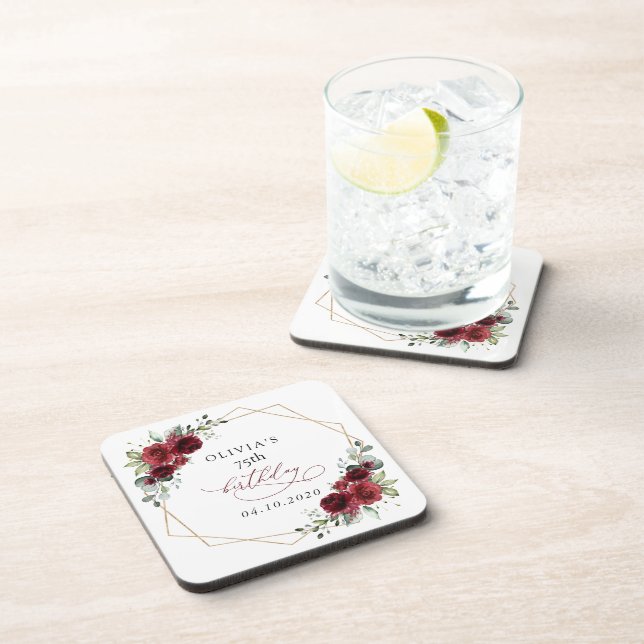 Burgundy Flowers, Red Flowers, Boho, Birthday Beverage Coaster (Right Side)
