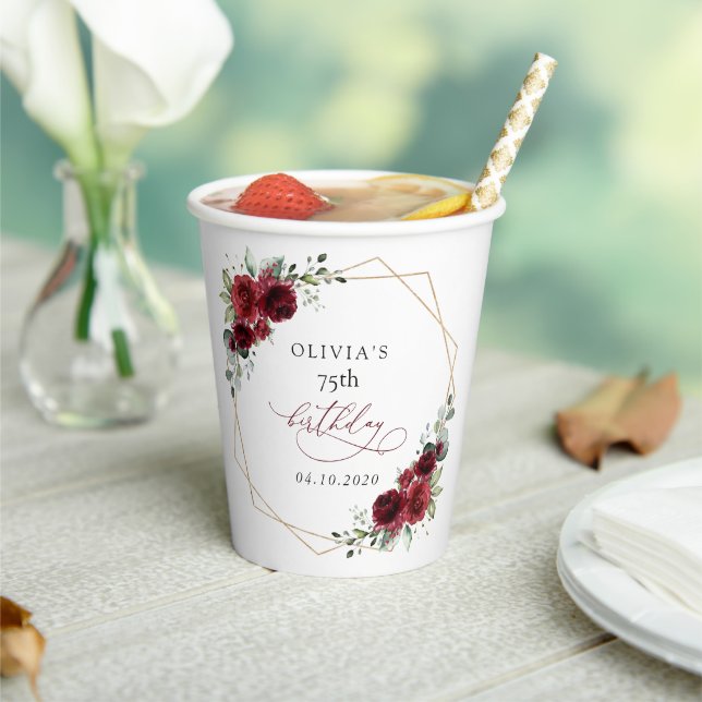 Burgundy Flowers, Red Flowers, Boho, Birthday Paper Cups (Insitu)
