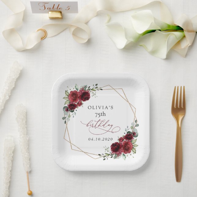 Burgundy Flowers, Red Flowers, Boho, Birthday Paper Plates (Wedding)