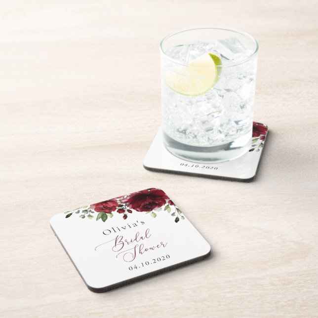 Burgundy Flowers, Red Flowers, Boho, Bridal Shower Beverage Coaster (Right Side)