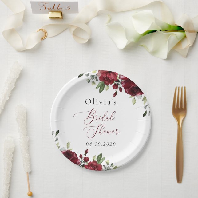 Burgundy Flowers, Red Flowers, Boho, Bridal Shower Paper Plates (Wedding)