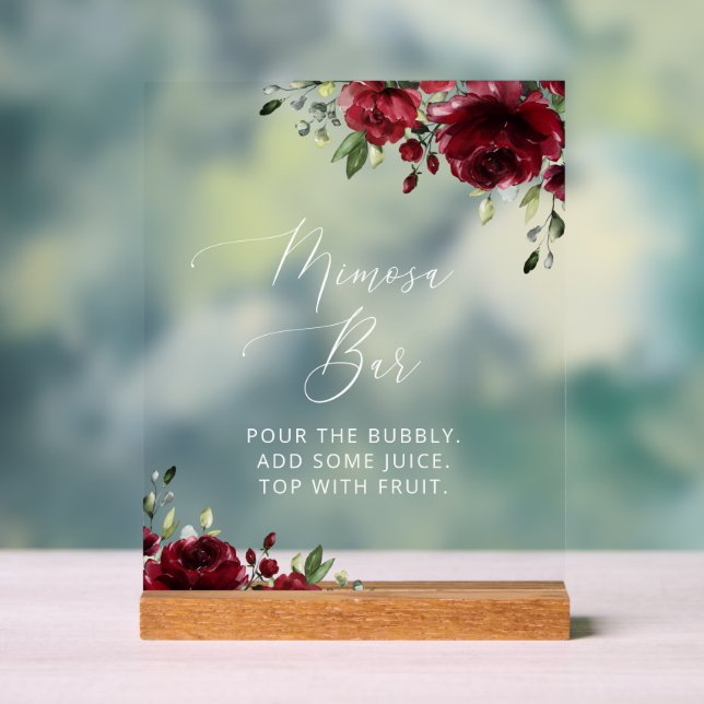 Burgundy Flowers, Red Flowers, Boho, Mimosa Bar  Acrylic Sign (Neutral)