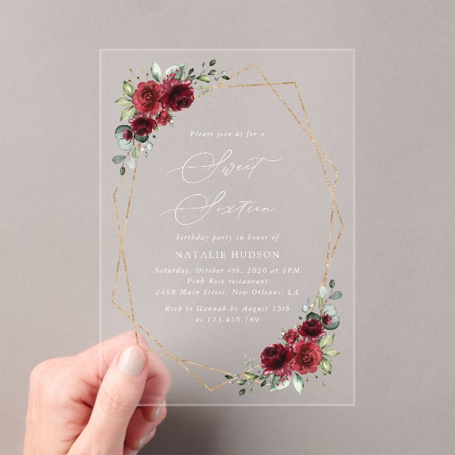 Burgundy Flowers, Red Flowers, Boho, Sweet 16 Acrylic Invitations (Insitu (Handheld))