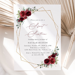 Burgundy Flowers, Red Flowers, Boho, Sweet 16 Invitation