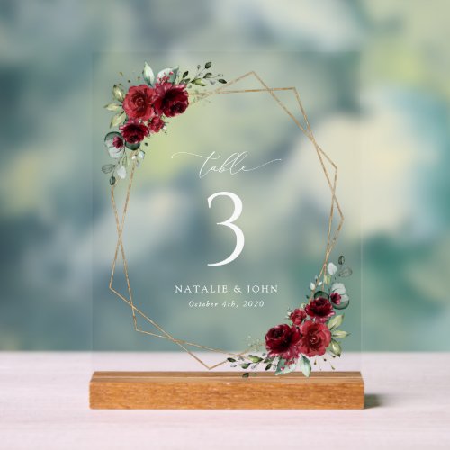 Burgundy Flowers Red Flowers Boho Table Numbers Acrylic Sign