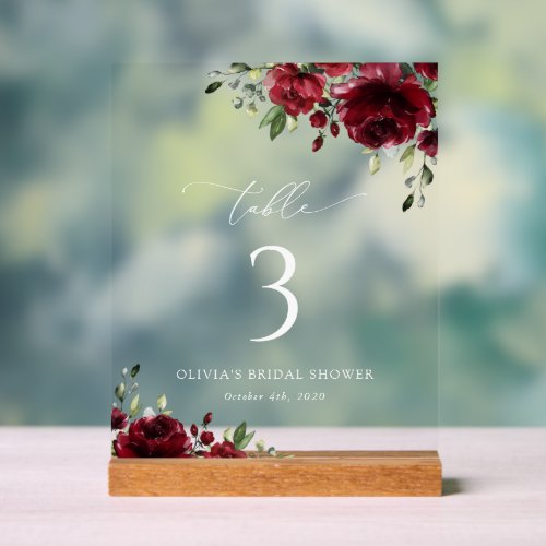 Burgundy Flowers Red Flowers Boho Table Numbers Acrylic Sign