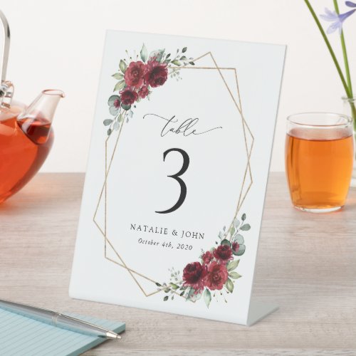 Burgundy Flowers Red Flowers Boho Table Numbers Pedestal Sign