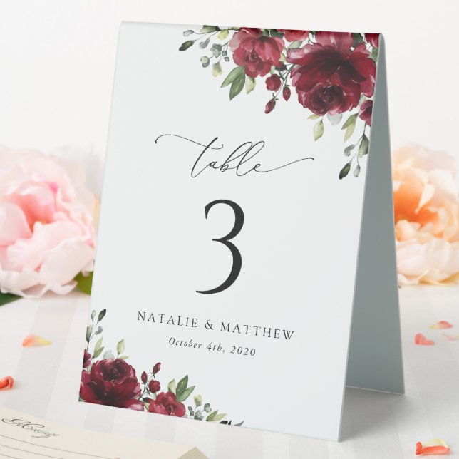 Burgundy Flowers, Red Flowers, Boho, Table Numbers Table Tent (In SItu (Wedding))