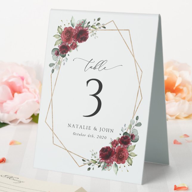 Burgundy Flowers, Red Flowers, Boho, Table Numbers Table Tent (In SItu (Wedding))