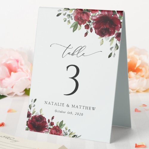 Burgundy Flowers Red Flowers Boho Table Numbers Table Tent Sign