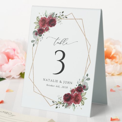 Burgundy Flowers Red Flowers Boho Table Numbers Table Tent Sign