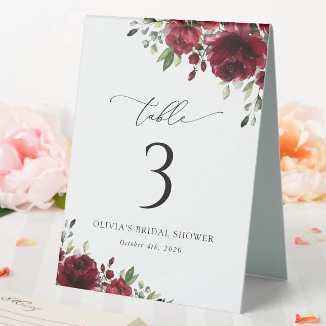 Burgundy Flowers, Red Flowers, Boho, Table Numbers Tent (In SItu (Wedding))