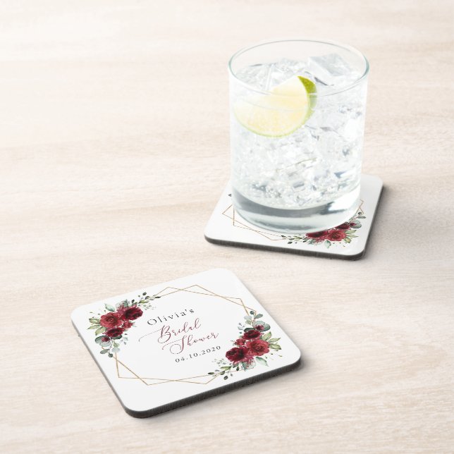 Burgundy Flowers, Red Flowers, Bridal Shower Beverage Coaster (Right Side)