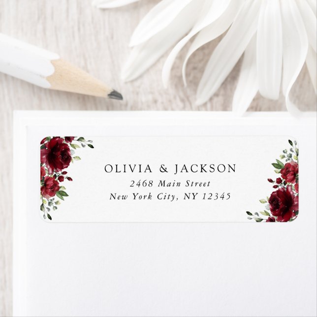 Burgundy Flowers, Red Flowers, Floral Wedding Label (Insitu)