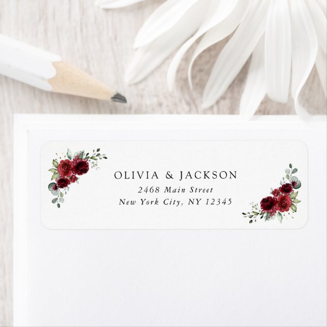Burgundy Flowers, Red Flowers, Floral Wedding Label (Insitu)