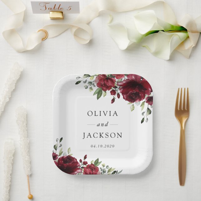 Burgundy Flowers, Red Flowers, Floral Wedding Paper Plates (Wedding)