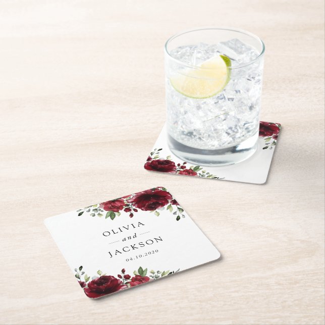 Burgundy Flowers, Red Flowers, Floral Wedding Square Paper Coaster (Insitu)