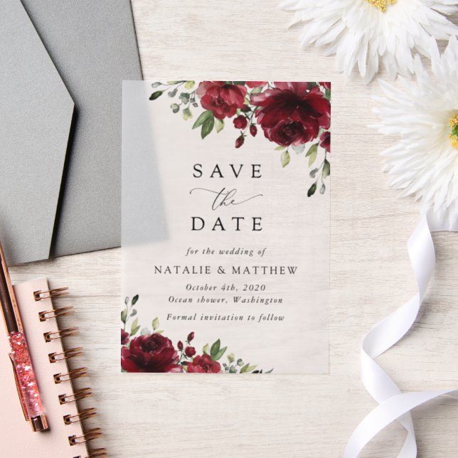 Burgundy Flowers, Red Flowers, Floral Wedding Vellum Invitations (Wedding)