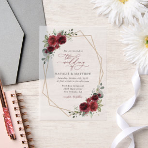 Burgundy Flowers, Red Flowers, Floral Wedding Vellum Invitations