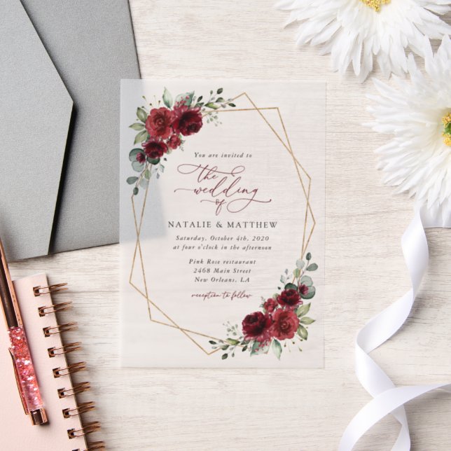Burgundy Flowers, Red Flowers, Floral Wedding Vellum Invitations (Wedding)