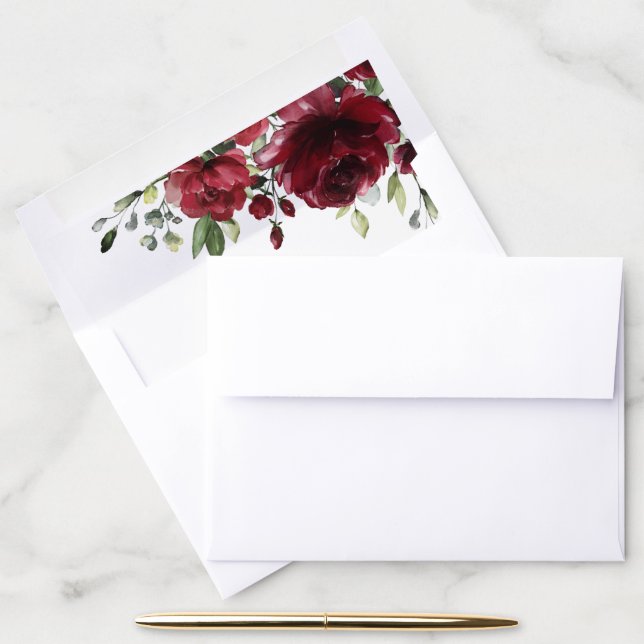 Burgundy Flowers, Red Flowers, Greenery, Birthday Envelope Liner (Desk)